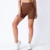 Women High Waisted Yoga Shorts Ribbed Sculpting Tight Fitness Workout Shorts Coffee