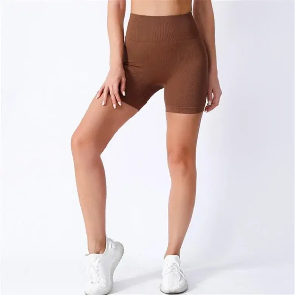 Women High Waisted Yoga Shorts Ribbed Sculpting Tight Fitness Workout Shorts Coffee